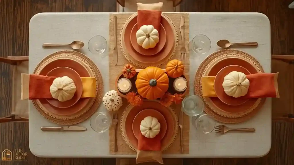 Kids Thanksgiving table set with fall-colored dinnerware and mini pumpkin place cards