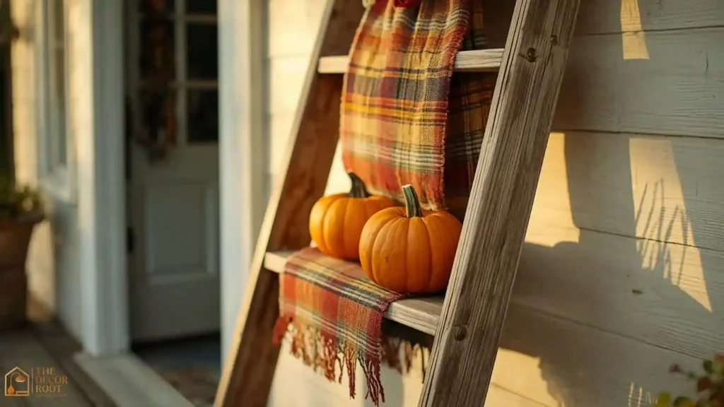 Vintage wood ladder styled with pumpkins on a farmhouse fall porch