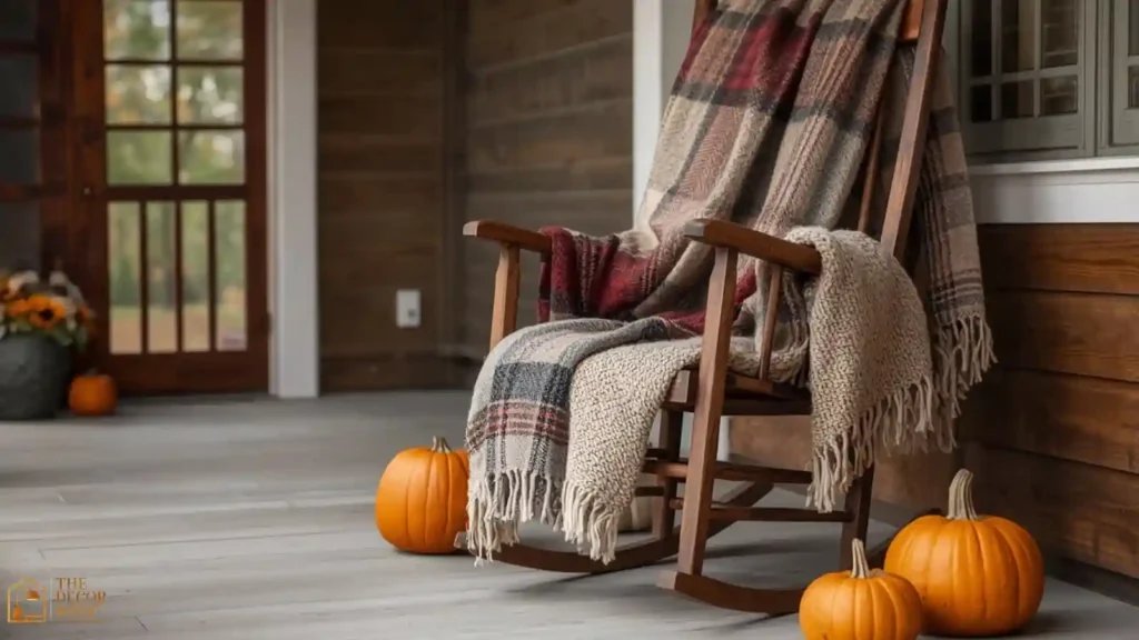 Farmhouse porch rocking chair styled with layered fall throw blankets