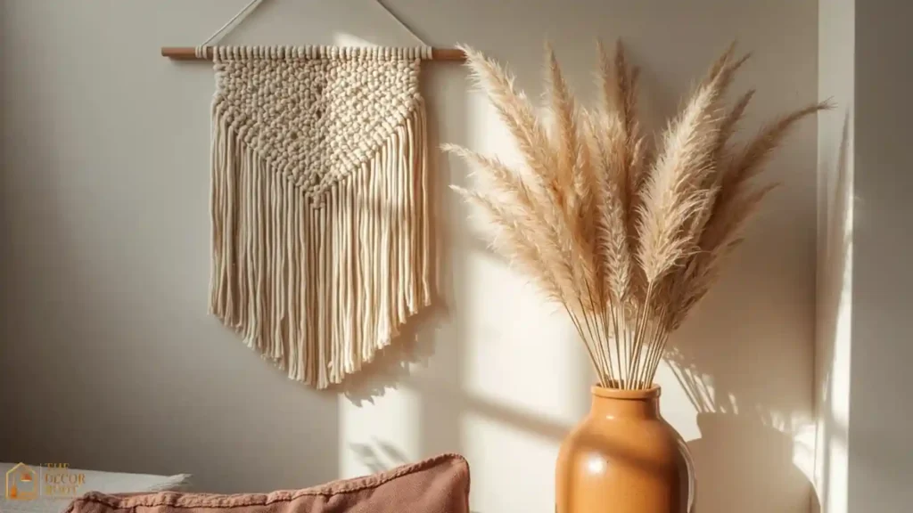 Boho fall living room corner with macrame wall hanging and dried pampas grass