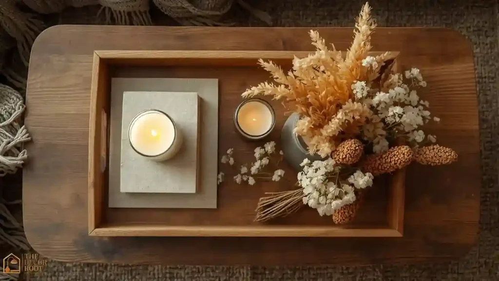 Boho fall coffee table styled with candles and warm wood tray