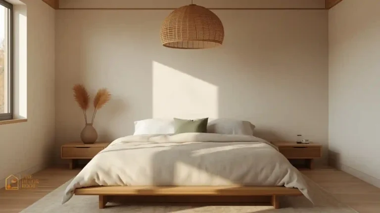 Japandi fall bedroom with oat linen bedding, low wood bed frame, and rattan pendant light