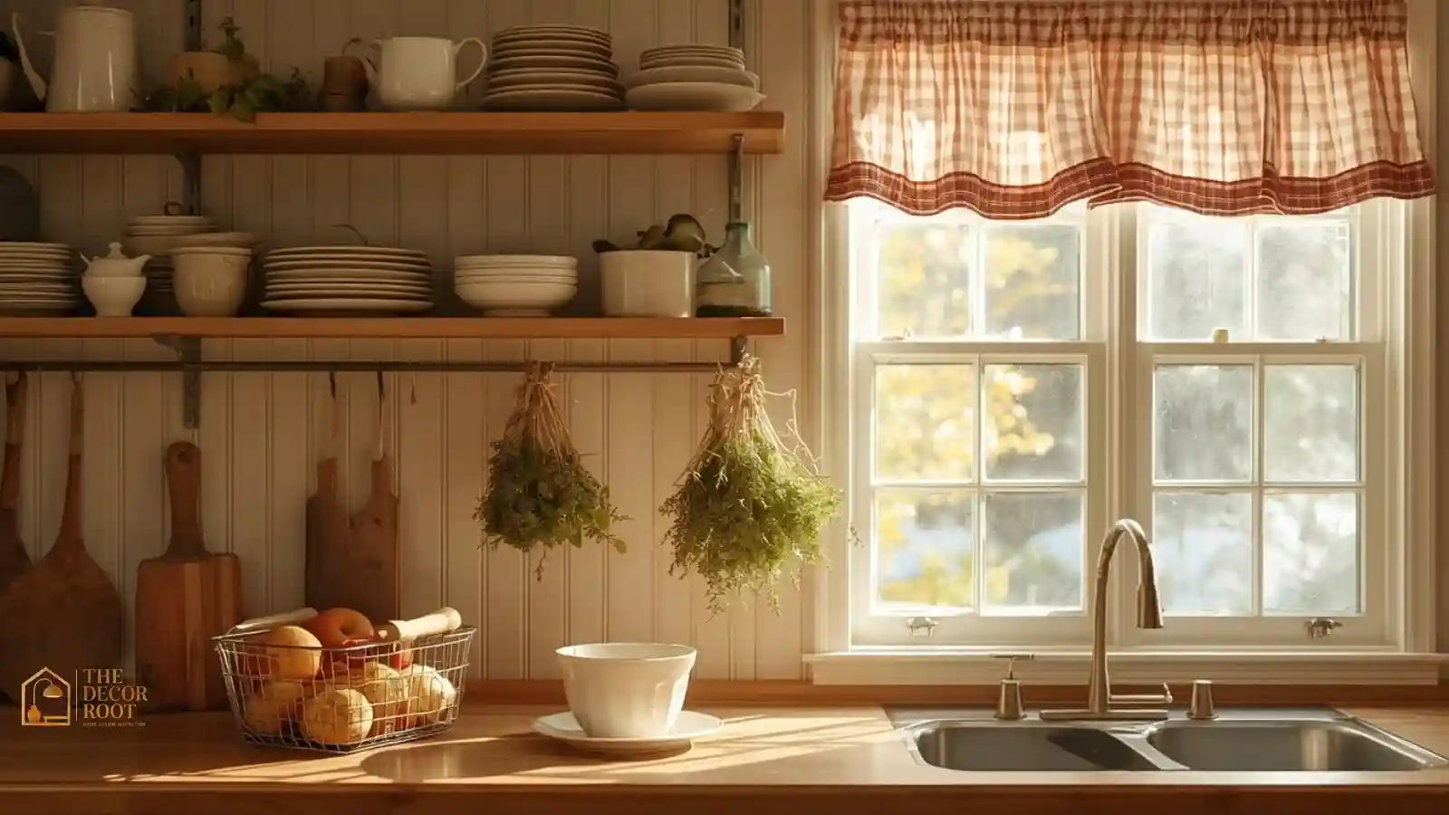 Cottagecore fall kitchen with open shelving, dried herb bundles, and gingham curtains