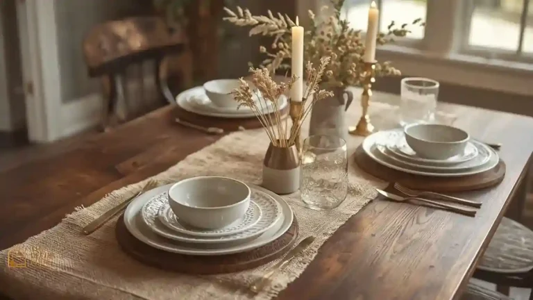 Farmhouse Thanksgiving table with layered linen and burlap runner, wood chargers, and taper candles