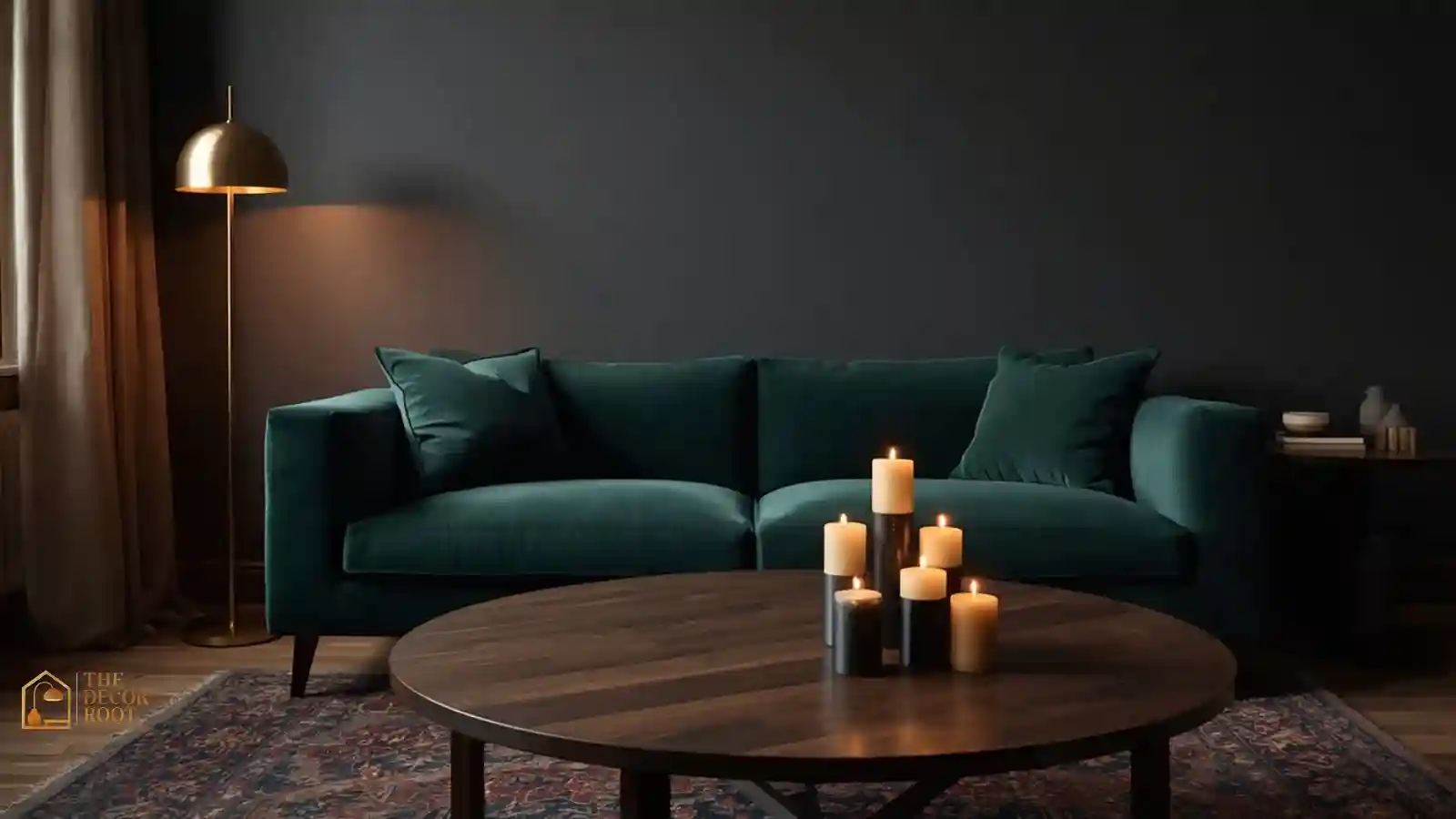 Dark and moody fall living room with emerald velvet sofa, brass floor lamp, and layered candlelight