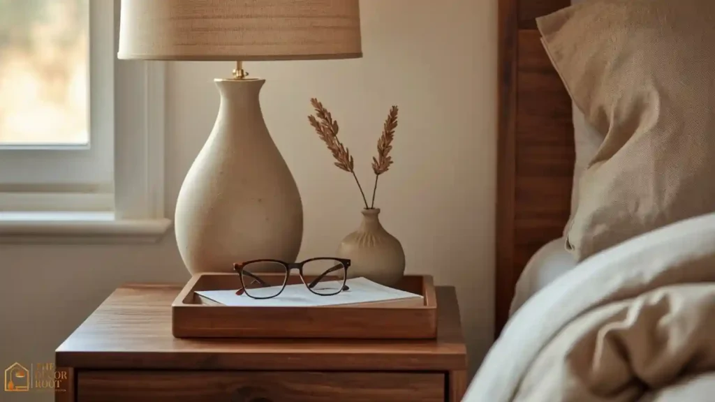 Minimal Japandi nightstand styling with ceramic lamp, small vase, and wood tray