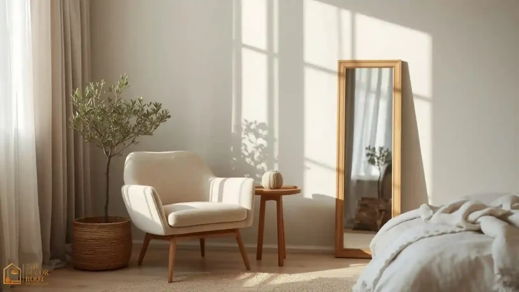 Japandi bedroom corner with boucle accent chair and potted olive tree