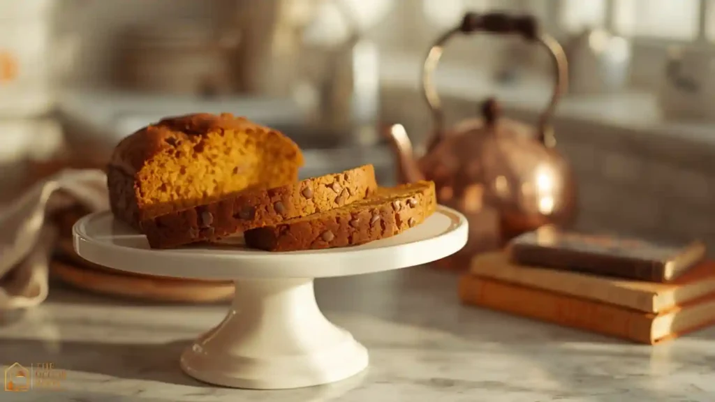 Ceramic cake stand with pumpkin bread on a cottagecore kitchen counter