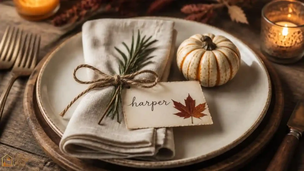 Farmhouse Thanksgiving place setting with hand-written name card and pressed leaf