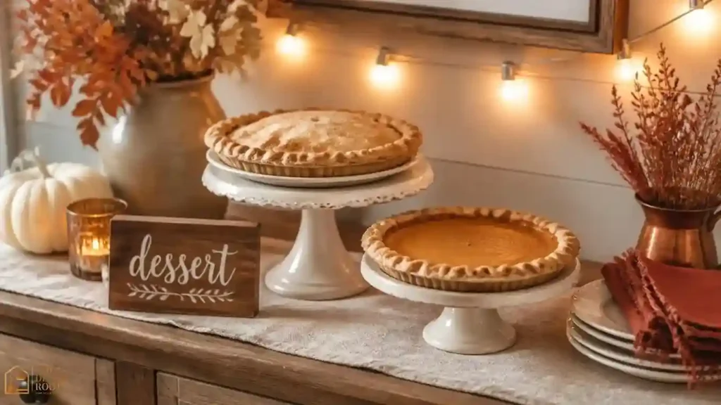 Farmhouse Thanksgiving dessert table with pies on cake stands at varying heights