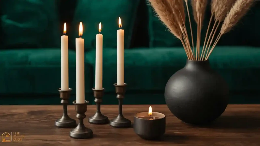 Dark moody living room coffee table styled with taper candles and dark ceramic vase