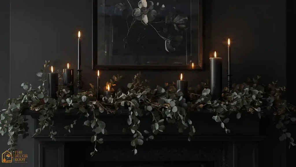 Dark moody living room fireplace mantel styled with candles and dried greenery