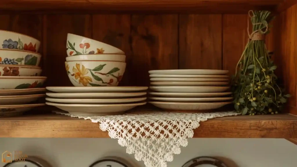 Cottagecore kitchen open shelving with mismatched vintage-style dishware and dried herbs