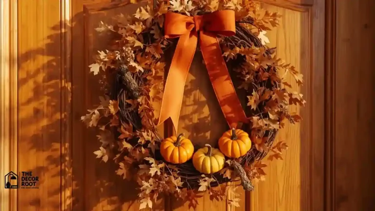 Handmade fall wreath with dried leaves and ribbon hanging on a front door, an easy beginner wreath idea