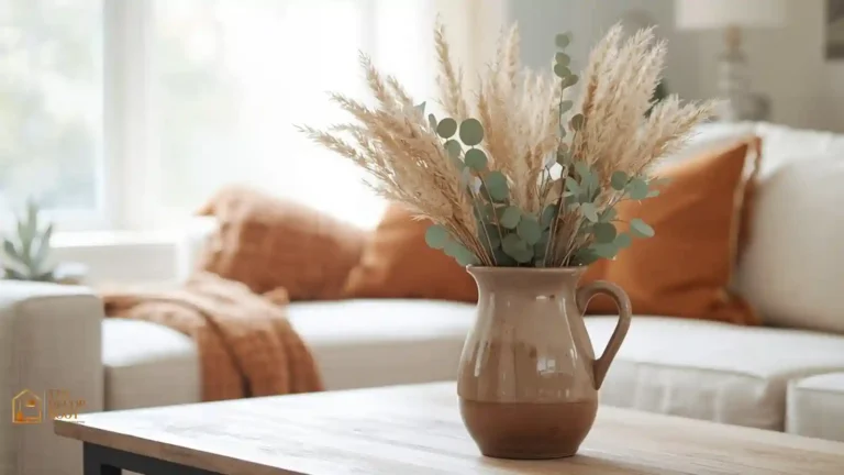 Budget fall decor swaps shown in a cozy living room with warm terracotta and cream accents