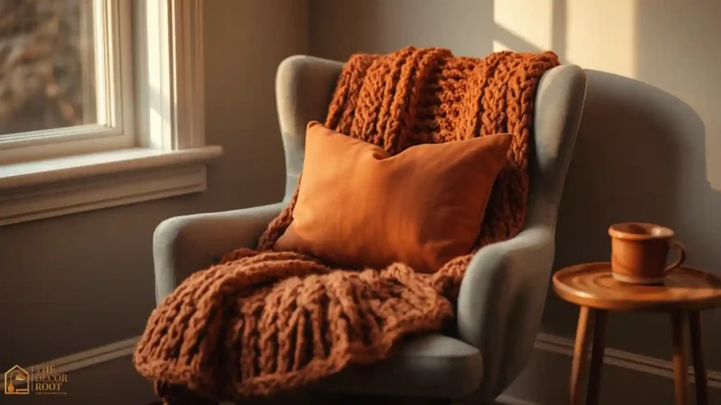 Chunky knit wool throw blanket draped over a reading chair as part of a budget fall decor swap