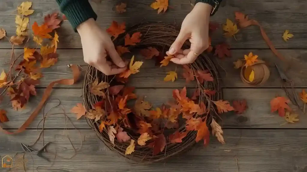 Hands attaching faux leaf stems to a grapevine wreath base, demonstrating an easy beginner wreath technique