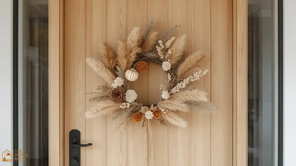 Neutral textural fall wreath with pampas grass and raffia tie on a modern front door