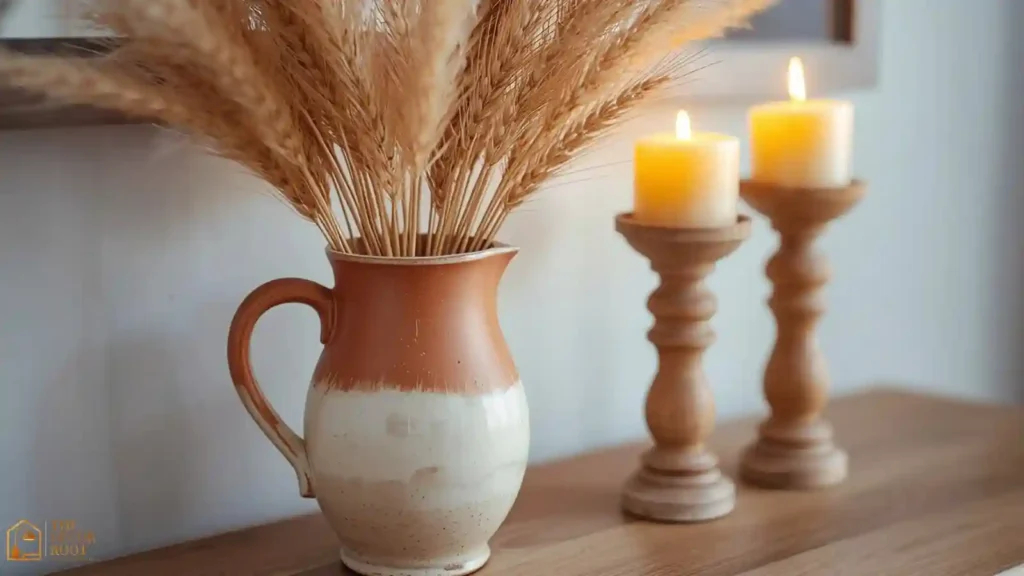 Stoneware pitcher with faux fall stems styled on a wood console table for a budget fall decor swap