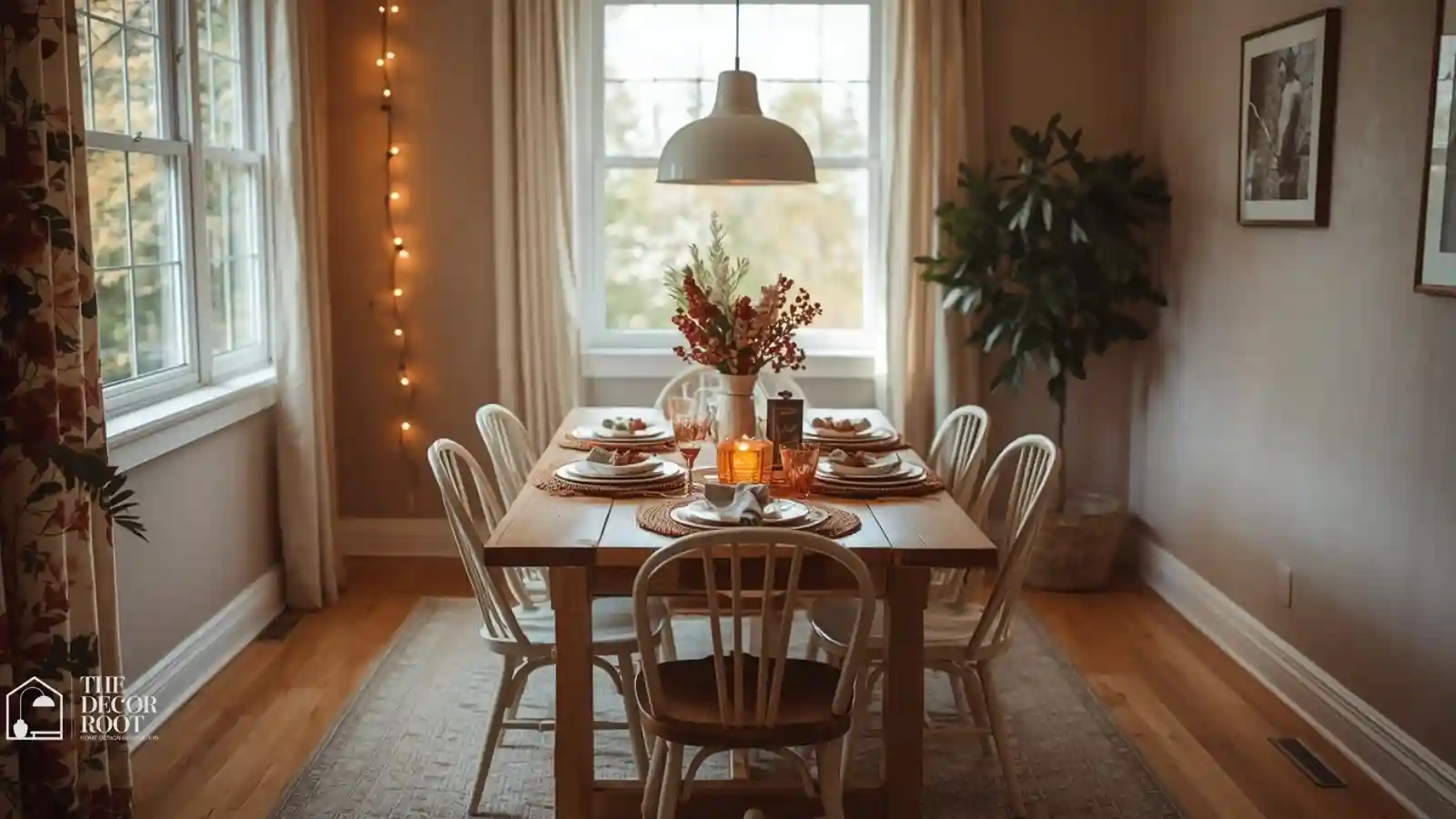 Small dining room set for Thanksgiving with an extended table and mismatched chairs