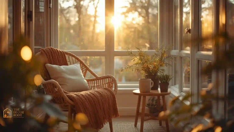 Cozy sunroom with warm fall light streaming through windows onto a layered reading chair setup