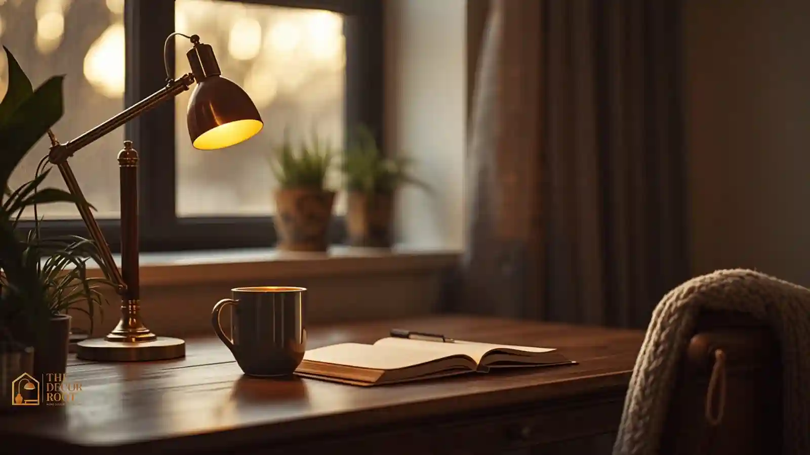 Cozy home office desk styled with warm lamp light, wood accents, and a knit throw for fall workdays