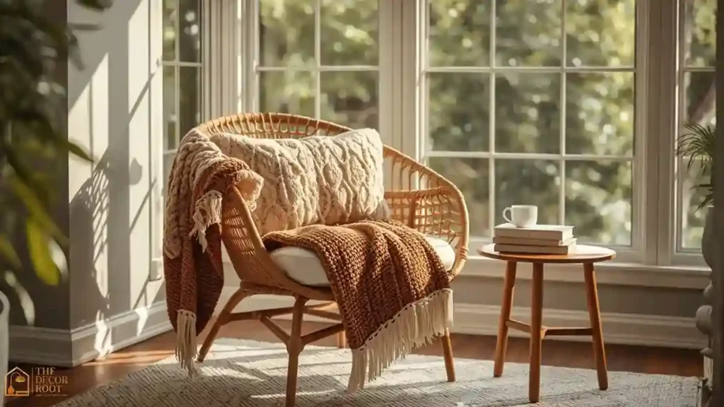 Rattan accent chair with chunky knit throw styled in a sunroom for fall reading