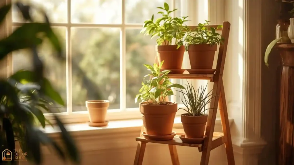 Wood tiered plant stand with small plants styled near a bright sunroom window in fall