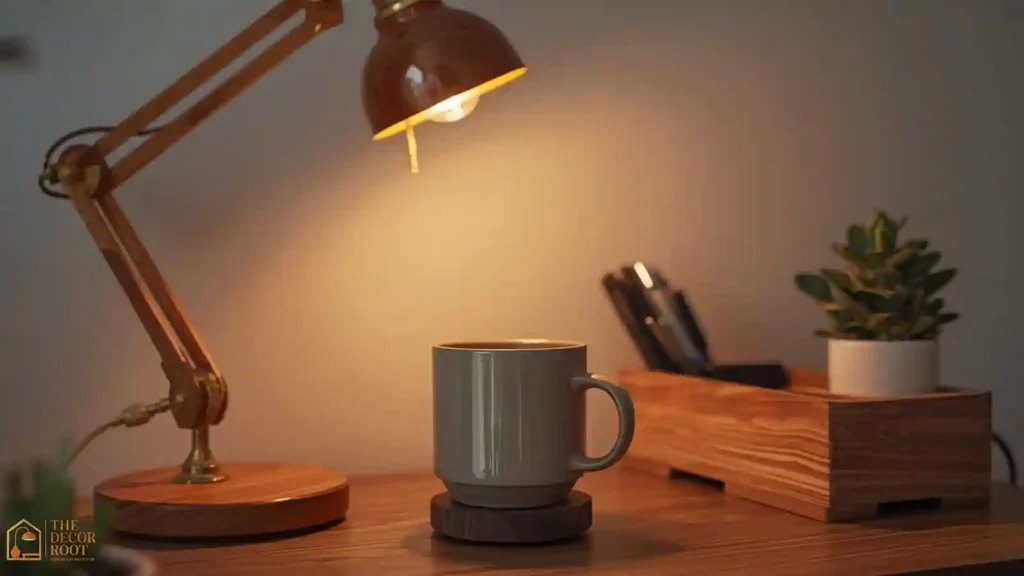Warm desk lamp and ceramic mug warmer styled on a home office desk for fall workdays