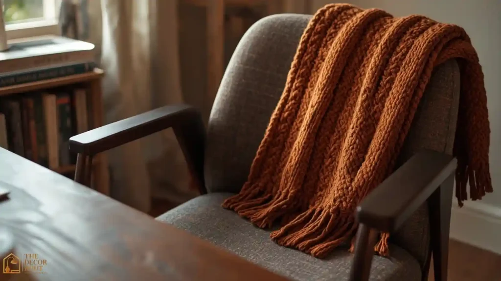 Home office desk chair with knit throw and wool cushion styled for a cozier fall workday