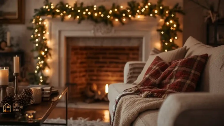 Cozy Christmas living room with garland-wrapped mantel, warm string lights, and plaid throw blanket