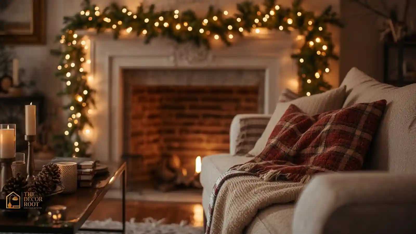 Cozy Christmas living room with garland-wrapped mantel, warm string lights, and plaid throw blanket
