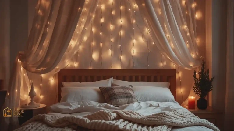 Magical Christmas bedroom with fairy light canopy above the bed and layered cream bedding