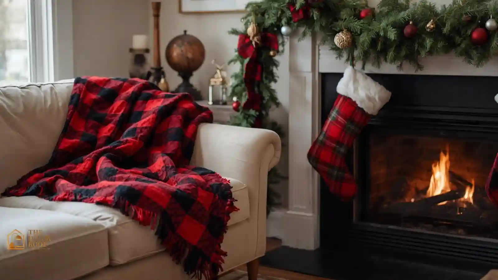 Christmas living room styled with buffalo check throw, plaid stockings, and tartan ribbon