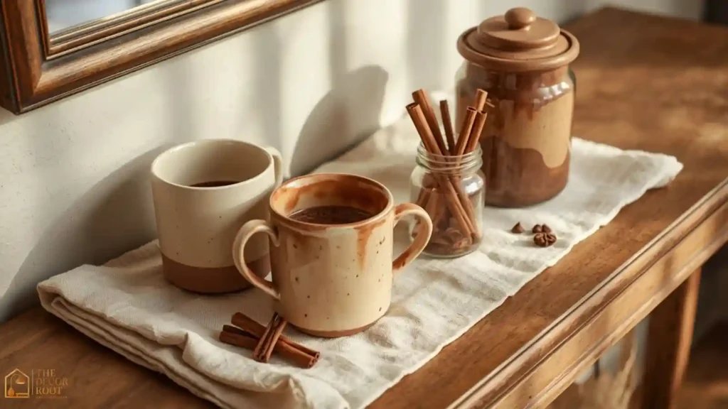 Christmas cocoa station styled on a console table with mismatched mugs and cinnamon sticks