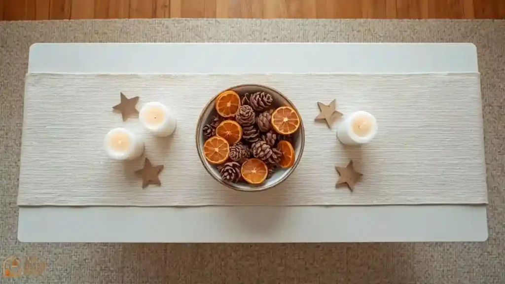 Styled Christmas coffee table with pinecone bowl, candles, and wood ornaments on a runner