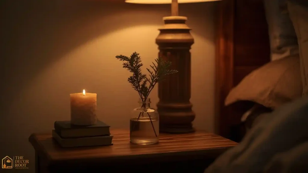 Styled Christmas nightstand with candle, mini greenery vase, and holiday books