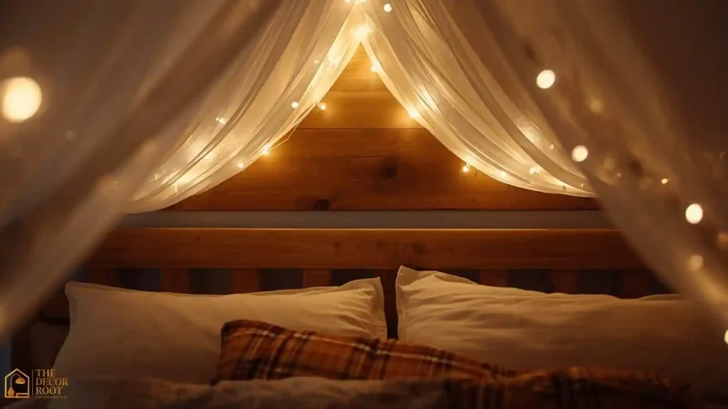 Fairy light canopy draped above a bed headboard in a Christmas-styled bedroom