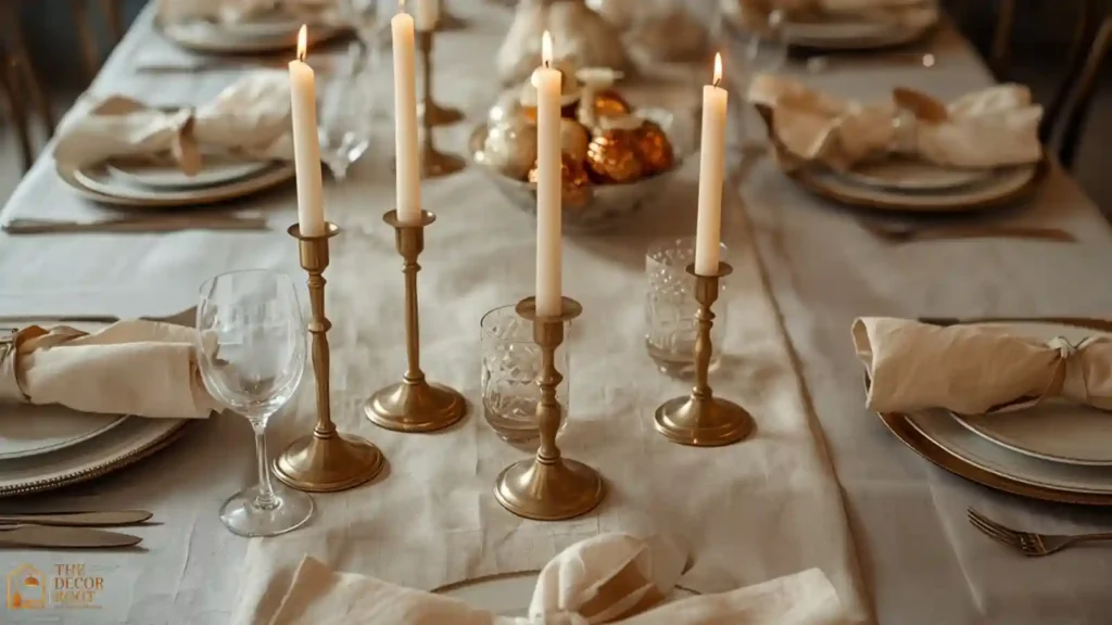 Elegant Christmas dining table with brass candlesticks, linen napkins, and gold ornaments