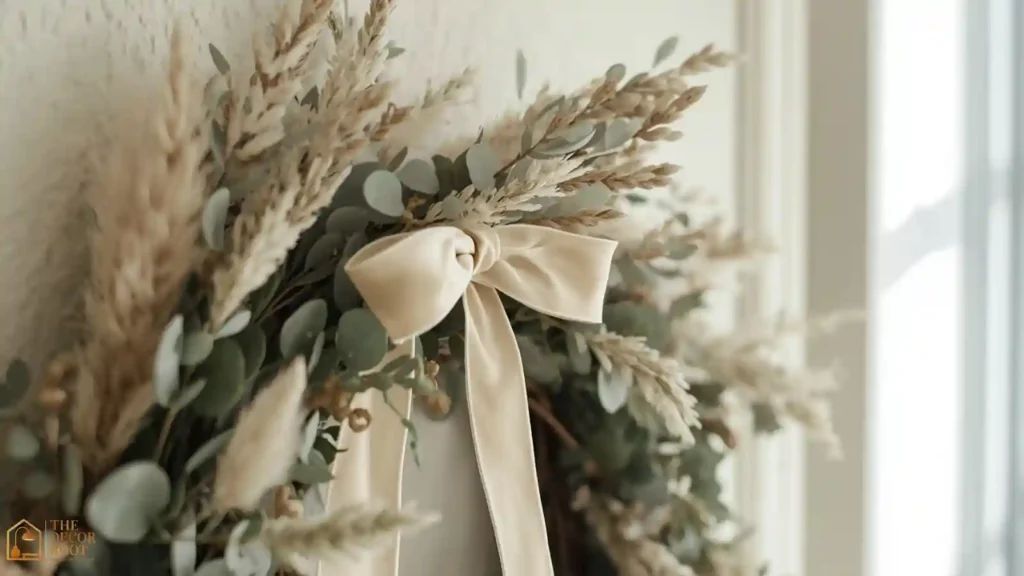 Dried floral and eucalyptus Christmas wreath with neutral velvet ribbon