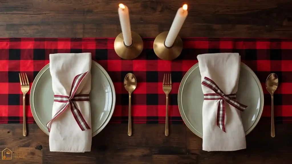 Christmas dining table styled with plaid runner and solid linen napkins