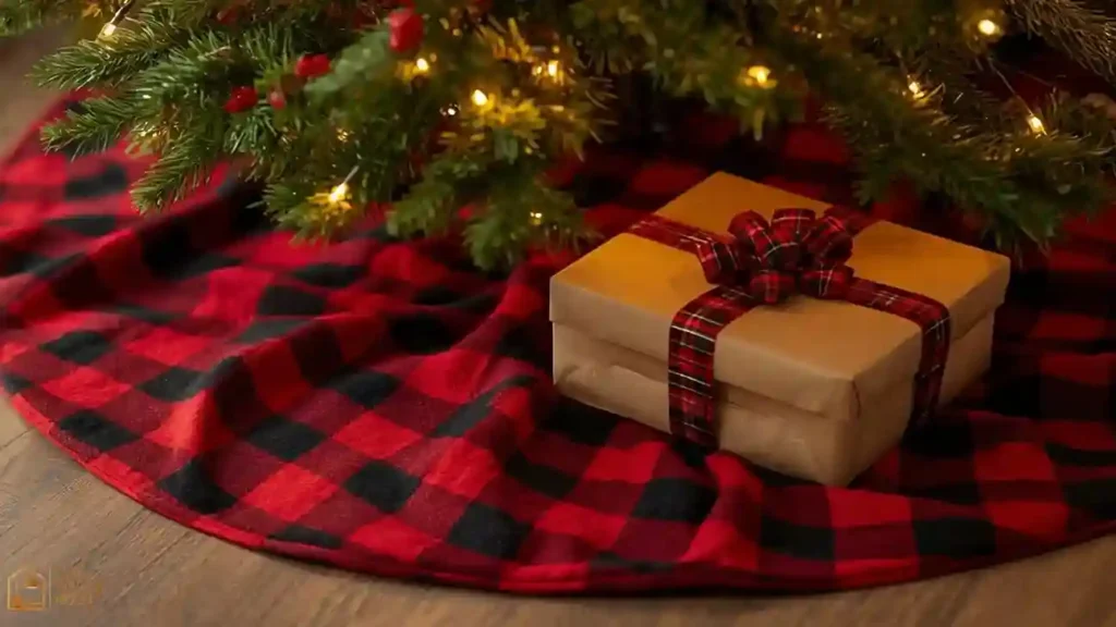Christmas tree base with plaid tree skirt and wrapped gifts underneath