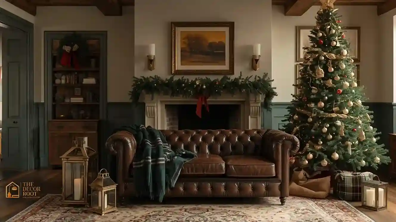 Ralph Lauren style Christmas living room with tartan throw, brass accents, and wood-toned tree