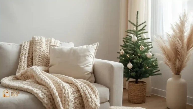 Neutral Christmas living room decorated in cream and beige tones with warm lighting