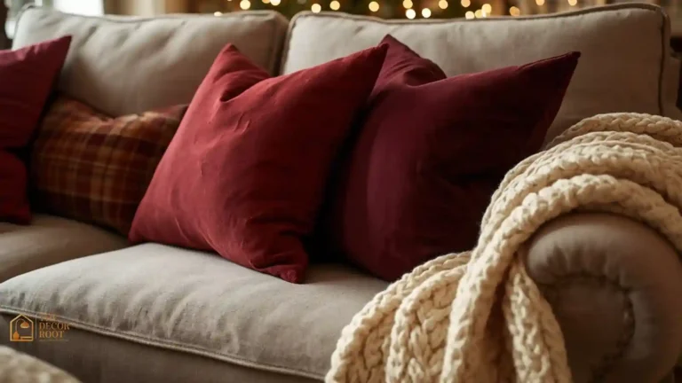 Sofa styled with layered Christmas throw pillows and blankets in plaid and velvet