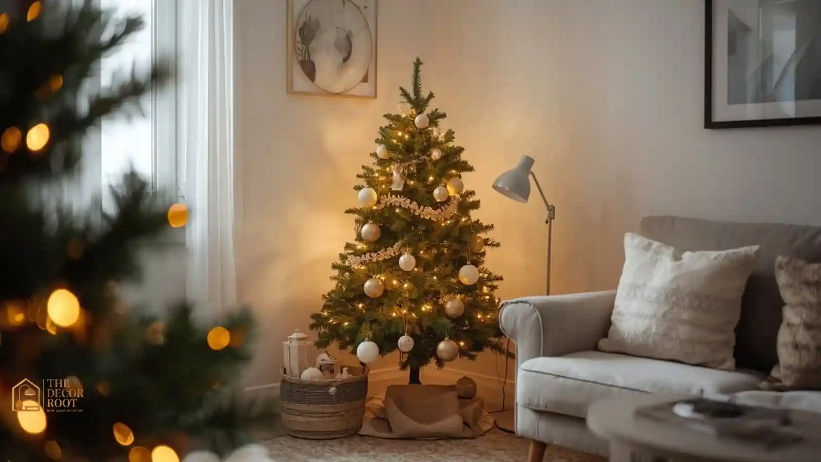 Small Christmas tree styled in the corner of a tight living room