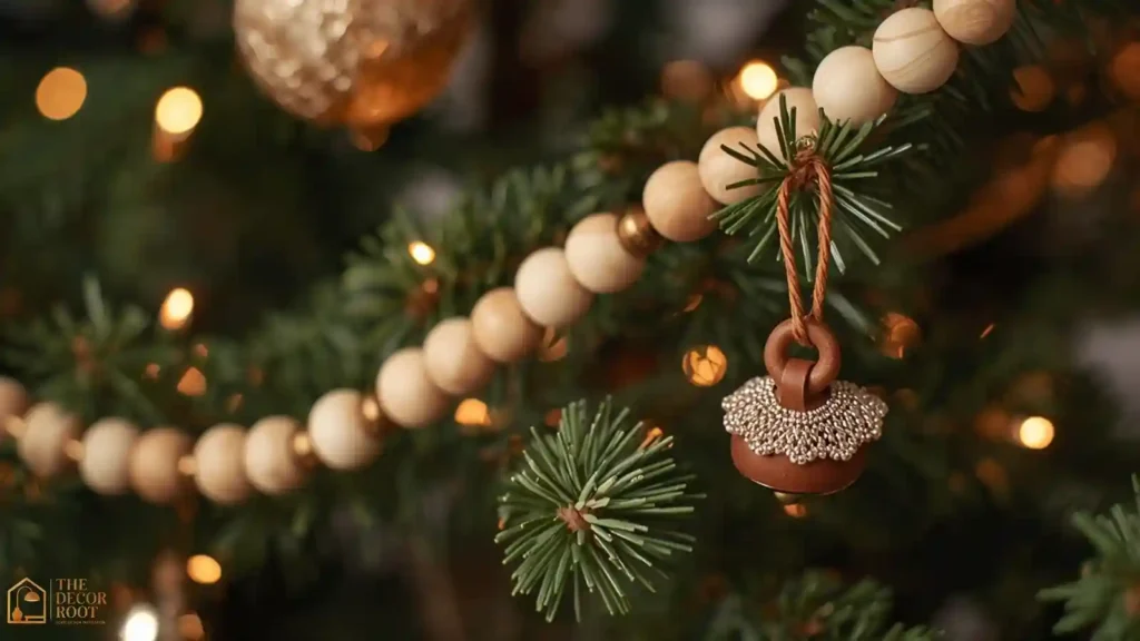 Close-up of Christmas tree with wood, brass, and leather ornaments in Ralph Lauren style