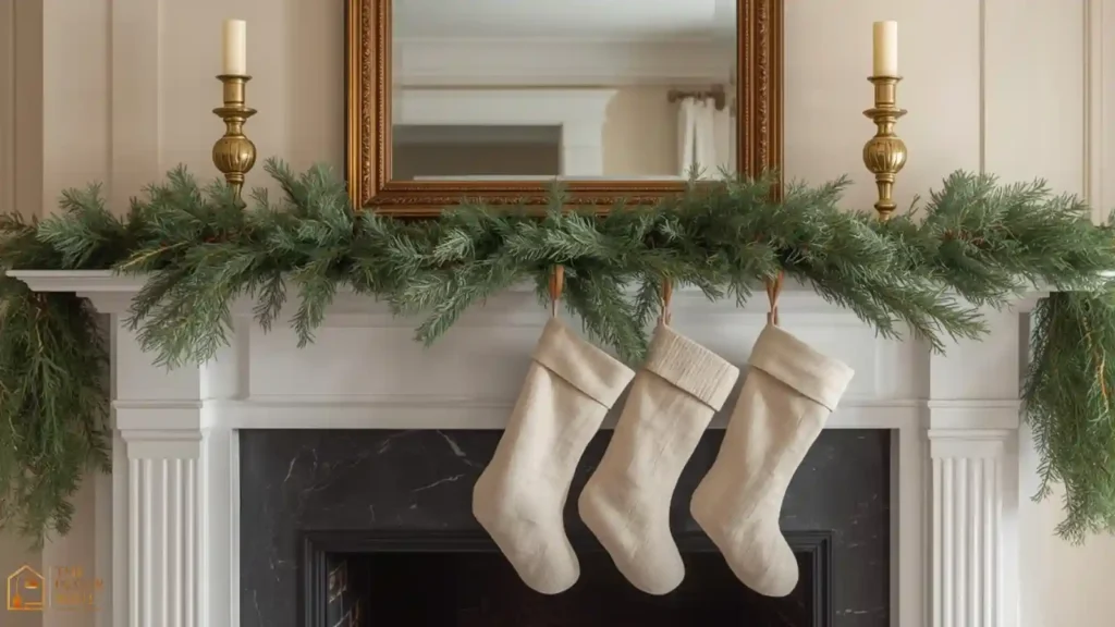 Christmas mantel styled with brass candlesticks, greenery, and wood stocking holders