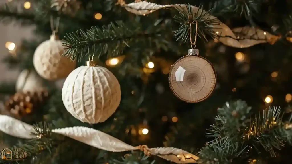 Neutral Christmas tree decorated with cream, wood, and glass ornaments