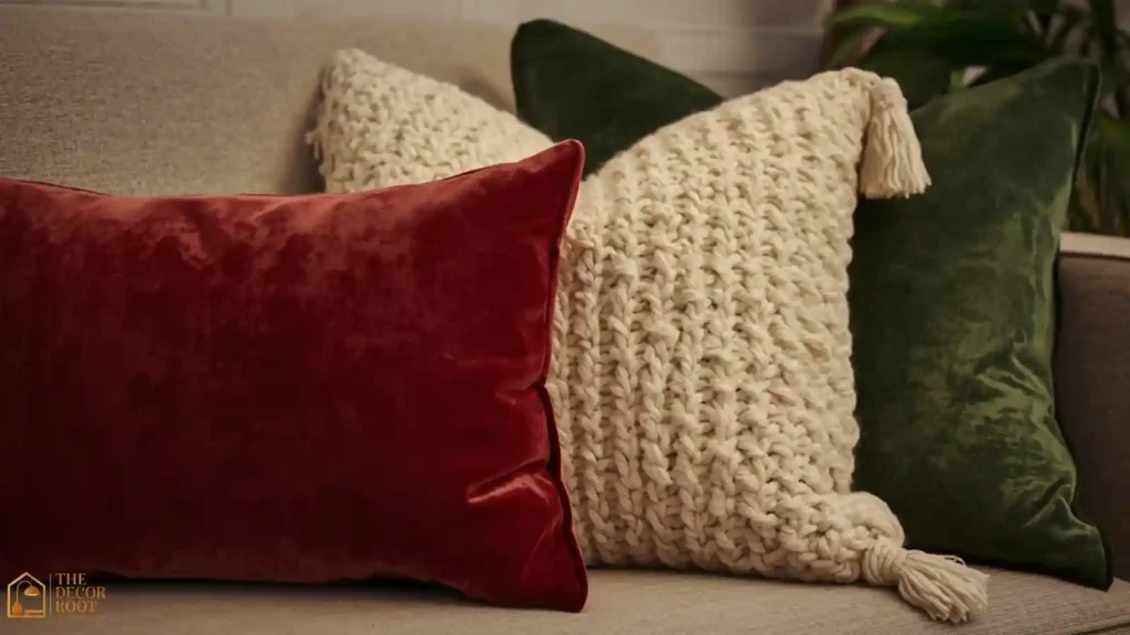 Close-up of layered velvet and knit Christmas throw pillows on a sofa
